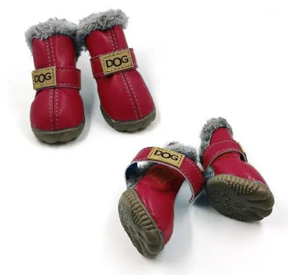 Dog thick snow boots red with grey faux-fur trim, AdTec brand, 3 boots shown