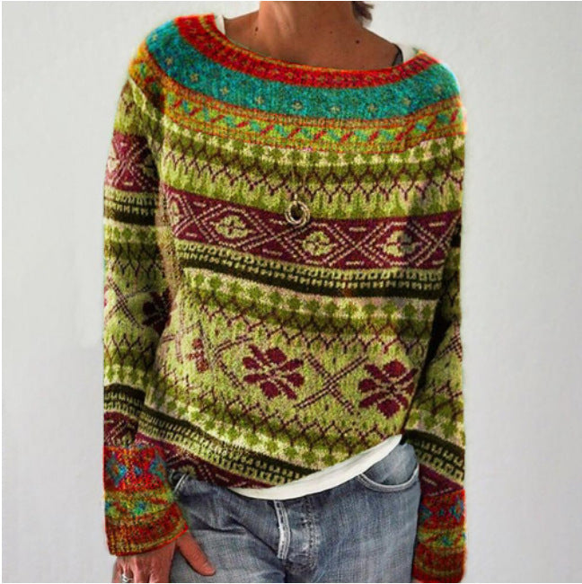 Pull en maille décontracté ample à col rond multicolore pour femme