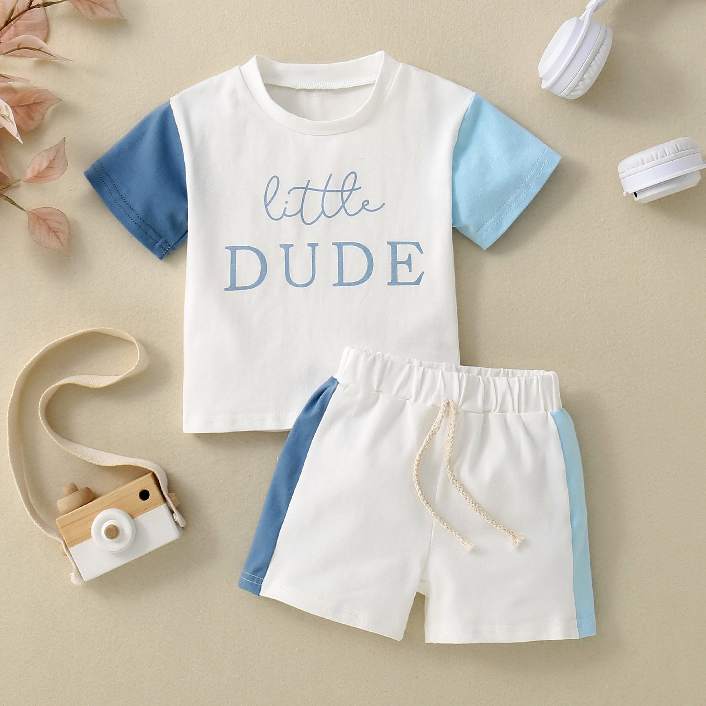 Ensemble T-shirt Enfant Manches Courtes Imprimé Anglais Patchwork Contraste de Couleurs