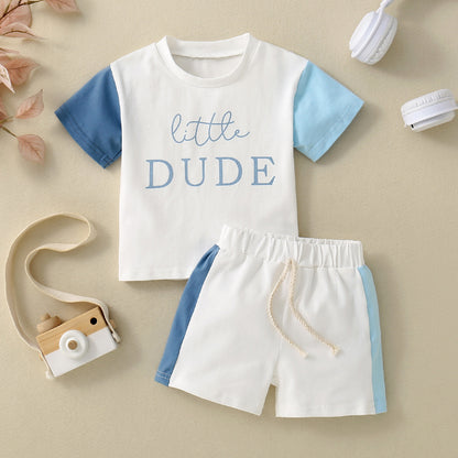 Ensemble T-shirt Enfant Manches Courtes Imprimé Anglais Patchwork Contraste de Couleurs