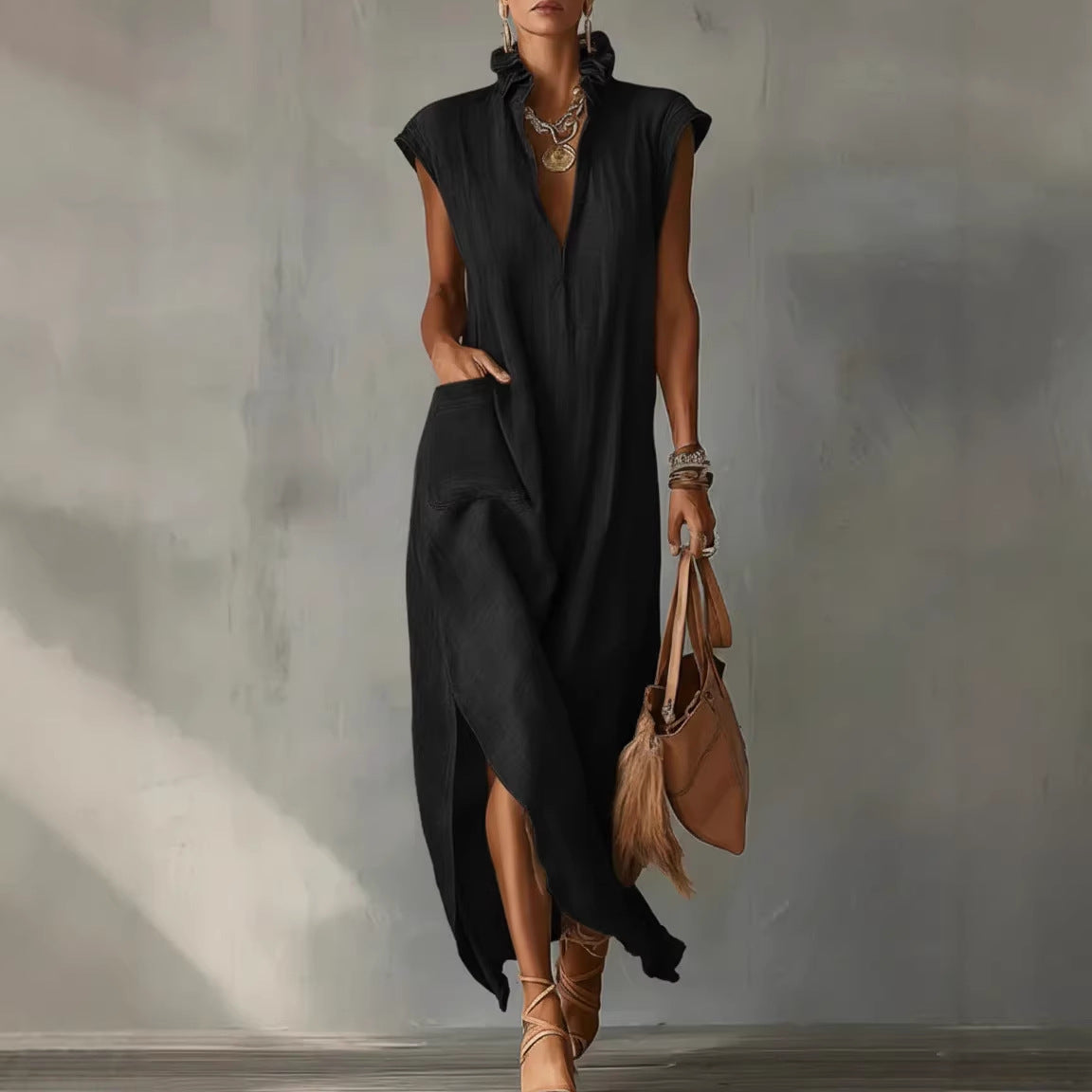 Robe unie sans manches en coton et lin pour femme