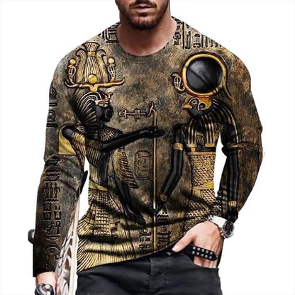 Men's long-sleeved T-shirt featuring an all-over ancient Egyptian artwork print in earthy tones