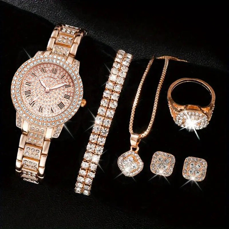 Ensemble de cinq montres-bracelets à quartz romain tendance en diamant pour femme