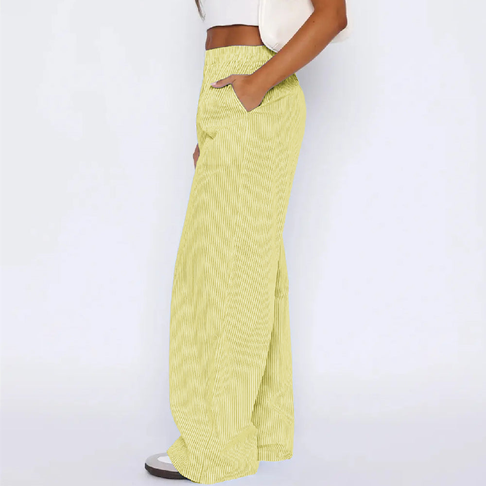 Pantalones de rayas con bolsillos Ins Pantalones anchos rectos informales de moda para mujer