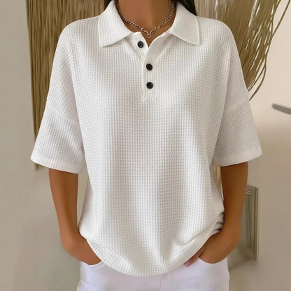 T-shirt boutonné en tricot gaufré à manches courtes, coupe pull, couleur unie