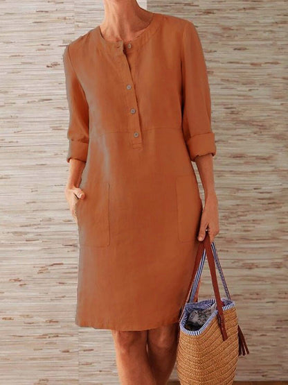 Robe longue à manches longues et col rond en coton et lin pour femmes grandes tailles
