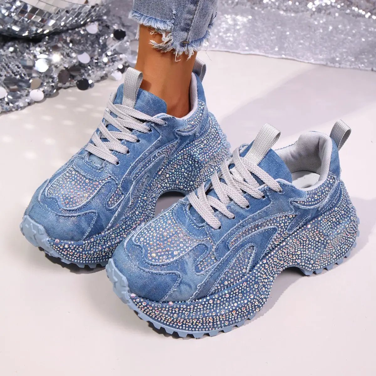 Womens Stylish Versatile Height-increasing Thick-soled Casual Sneakers, blue denim with rhinestones, AdTec