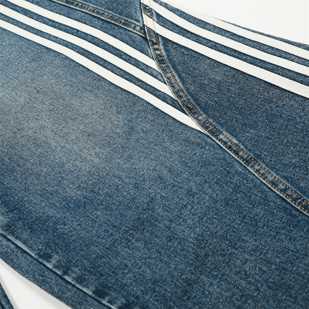 Three bar washed denim curved knife pants
