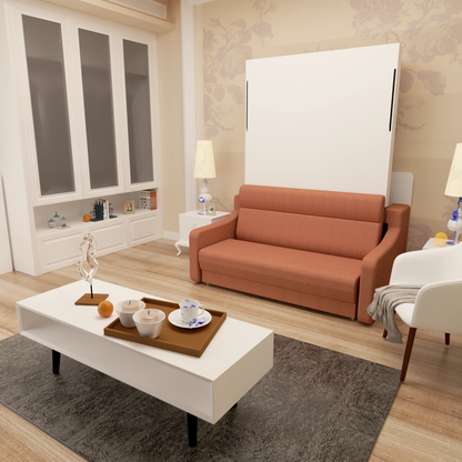 Full size Morden Deisgn vertical Murphy bed with sofa and drawers, white wall bed, space saving hidden bed with new gas pillars by eprolo