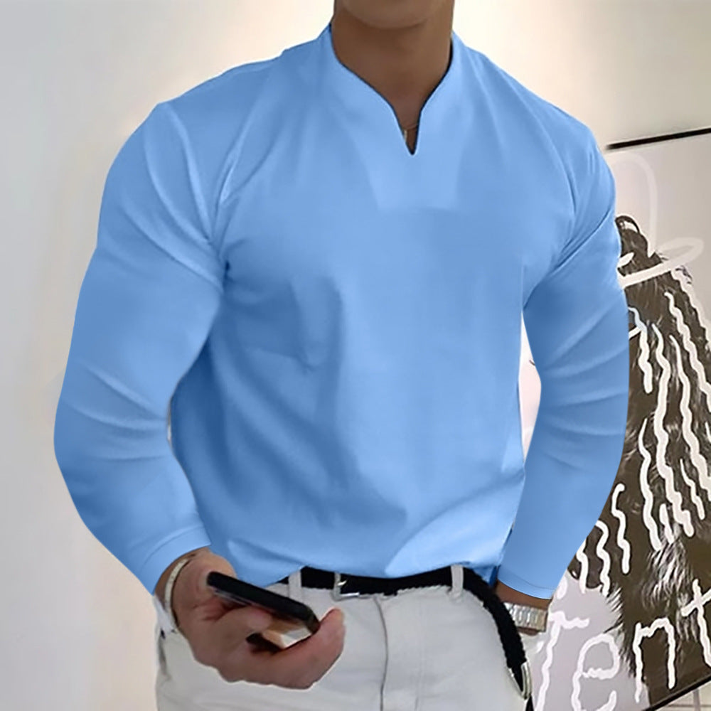 Chemises à manches longues col en V couleur unie décontractées pour hommes