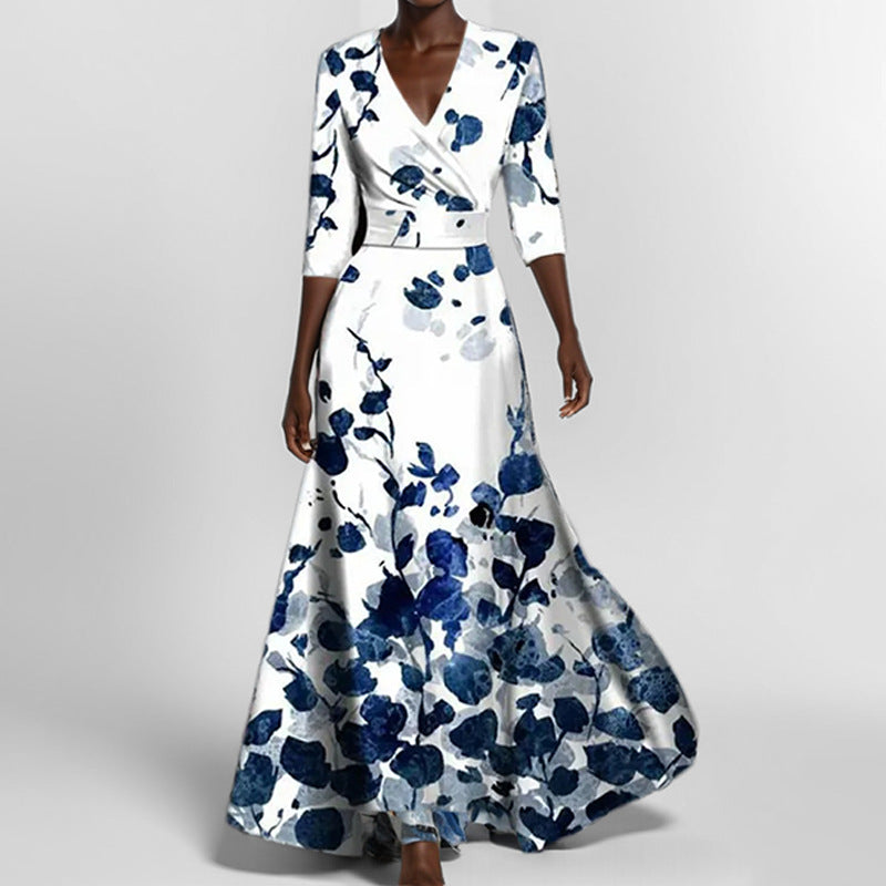 Vestido con estampado de moda, de media manga y cuello en V, de temperamento ajustado, con cintura ceñida para mujer