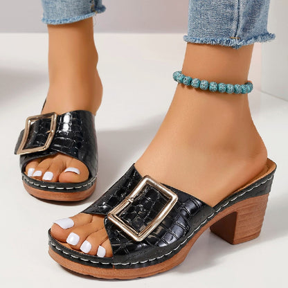 Chaussures Femme Sandales à Boucle Talon Carré Bout Ouvert, Aspect Crocodile