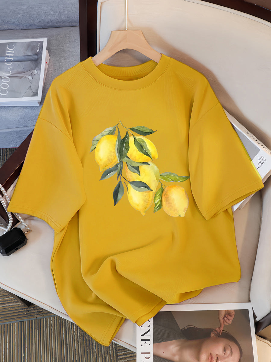 Camisetas con estampado creativo de limón para mujer, tops informales suaves a la moda
