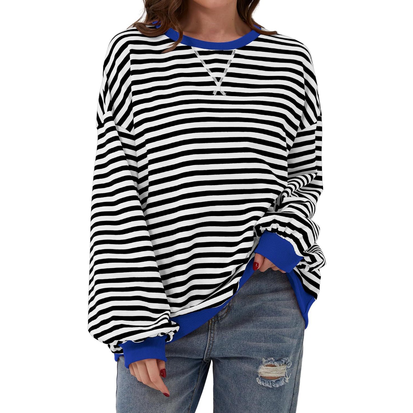 T-shirt ample à manches longues rayé, pull décontracté pour vêtements pour femmes