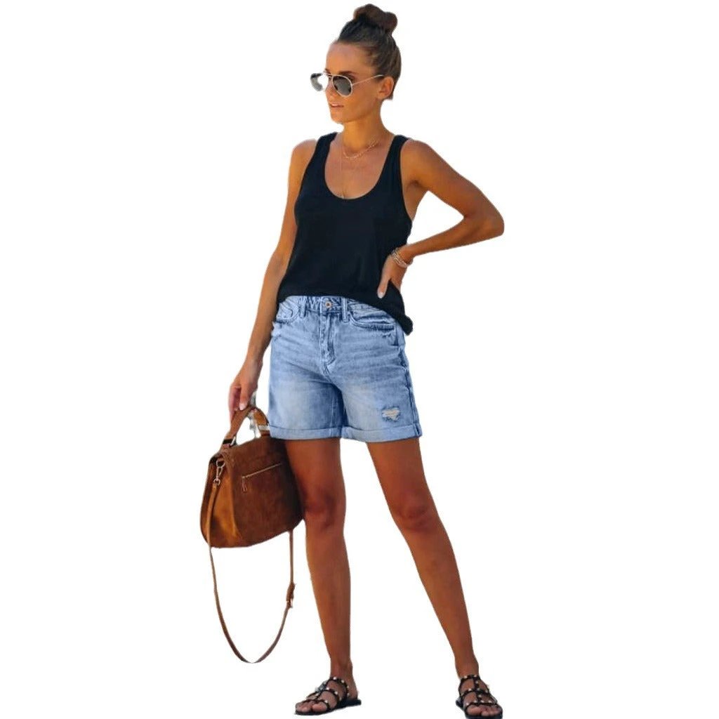 High-Waisted Fringed Distressed Denim Shorts for Women by eprolo