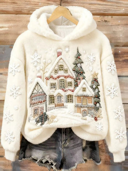 Womens cream Christmas hoodie with village applique and snowflakes on sleeves