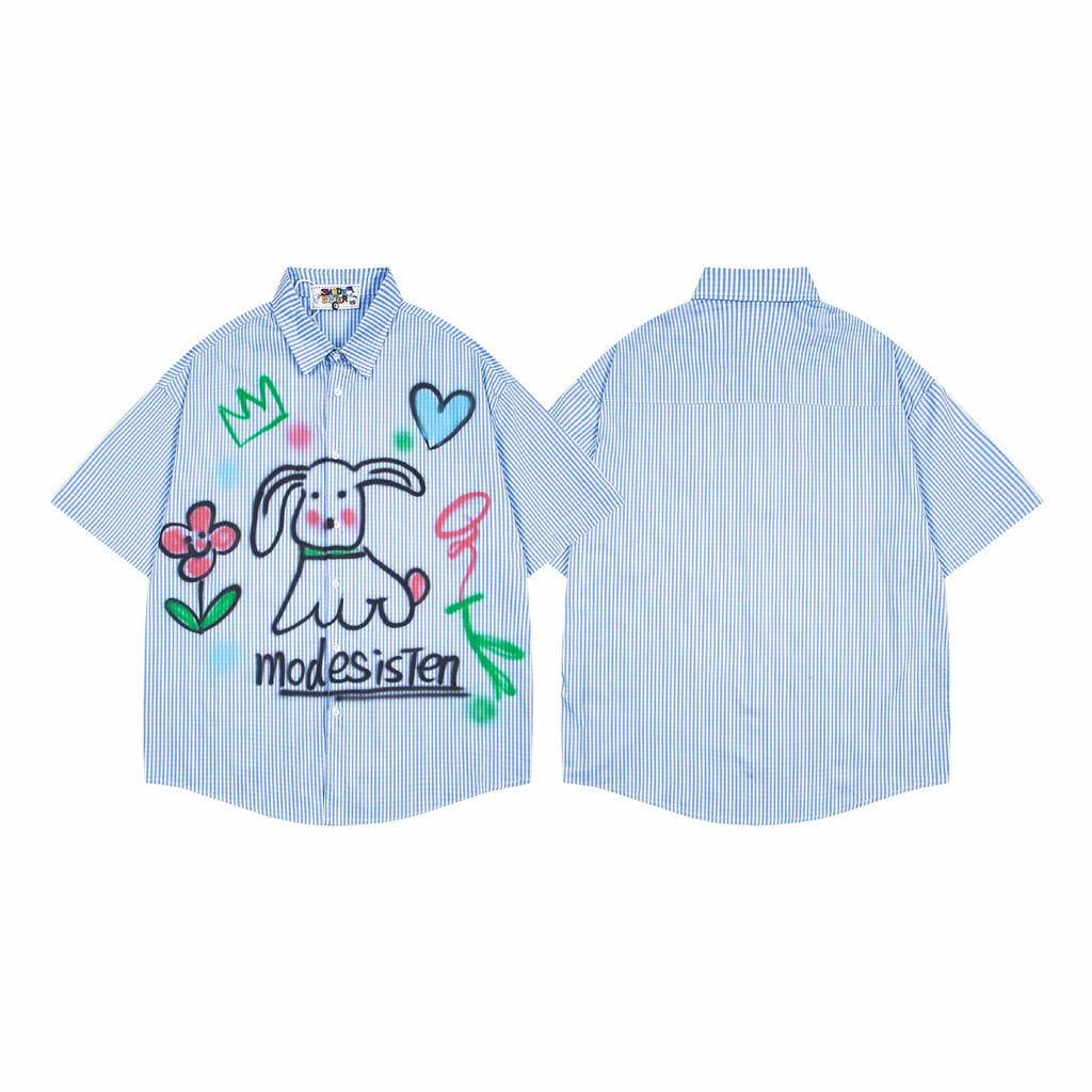 Dog graffiti striped short sleeved shirt
