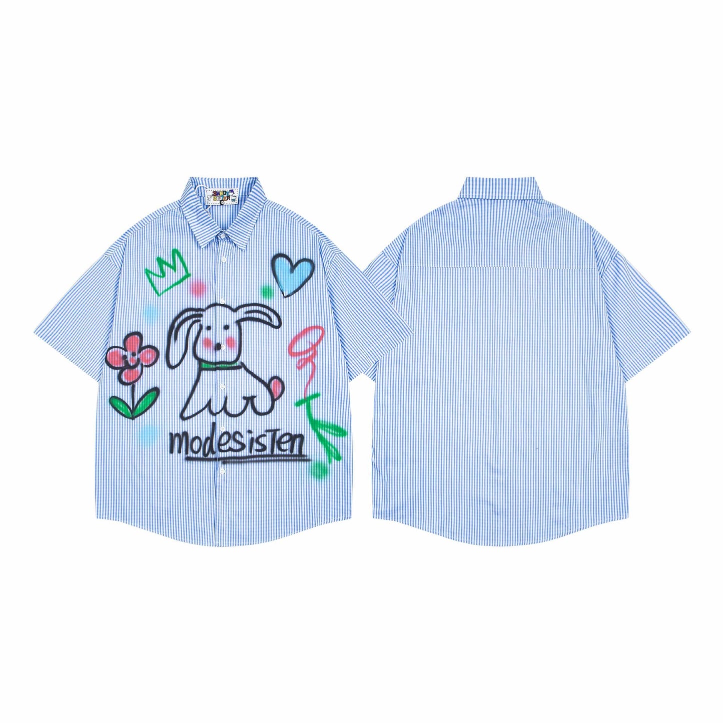 Dog graffiti striped short sleeved shirt