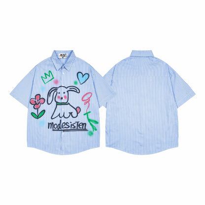 Dog graffiti striped short sleeved shirt