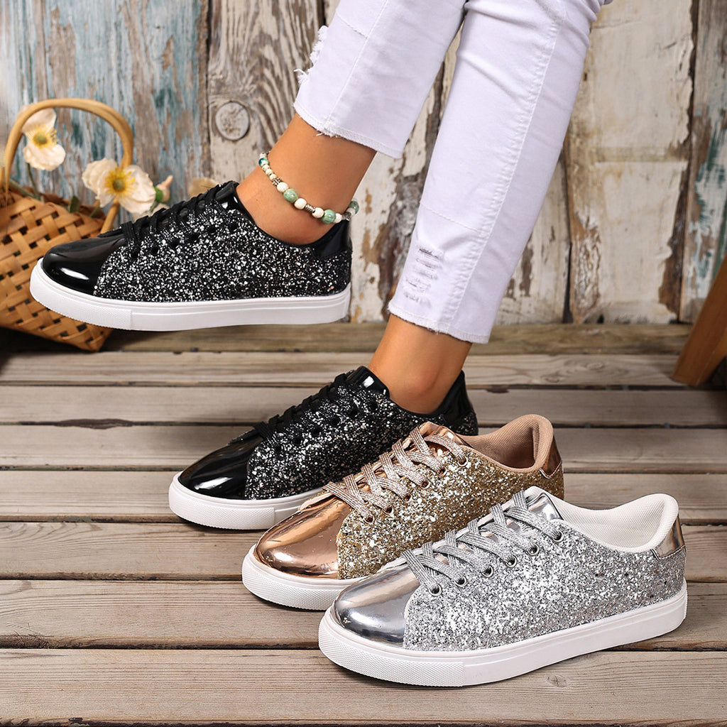 Zapatos de talla grande con cordones delanteros con lentejuelas de color liso