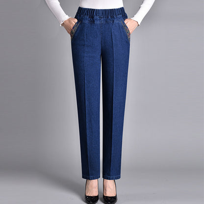 Pantalon en jean taille haute élastique coupe droite