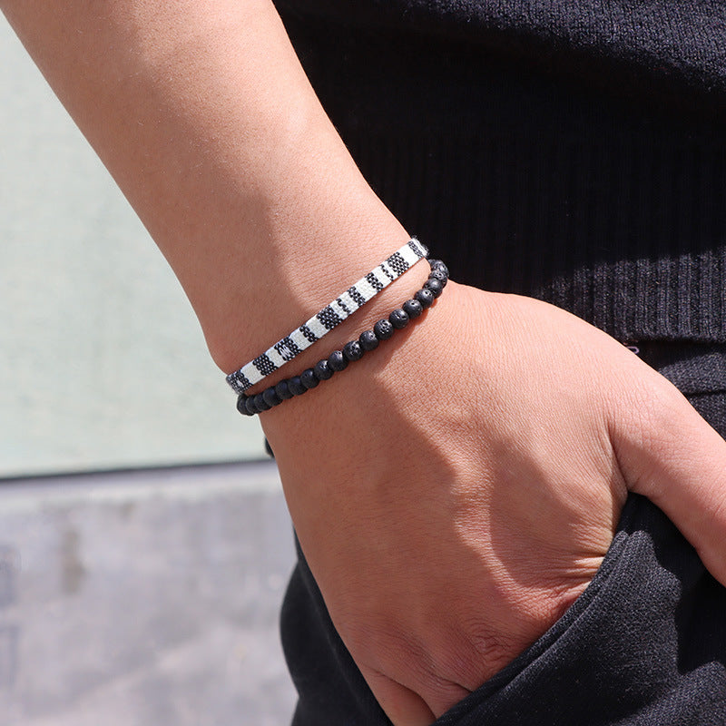 Bracelet tressé bohème en roche volcanique de lave pour homme