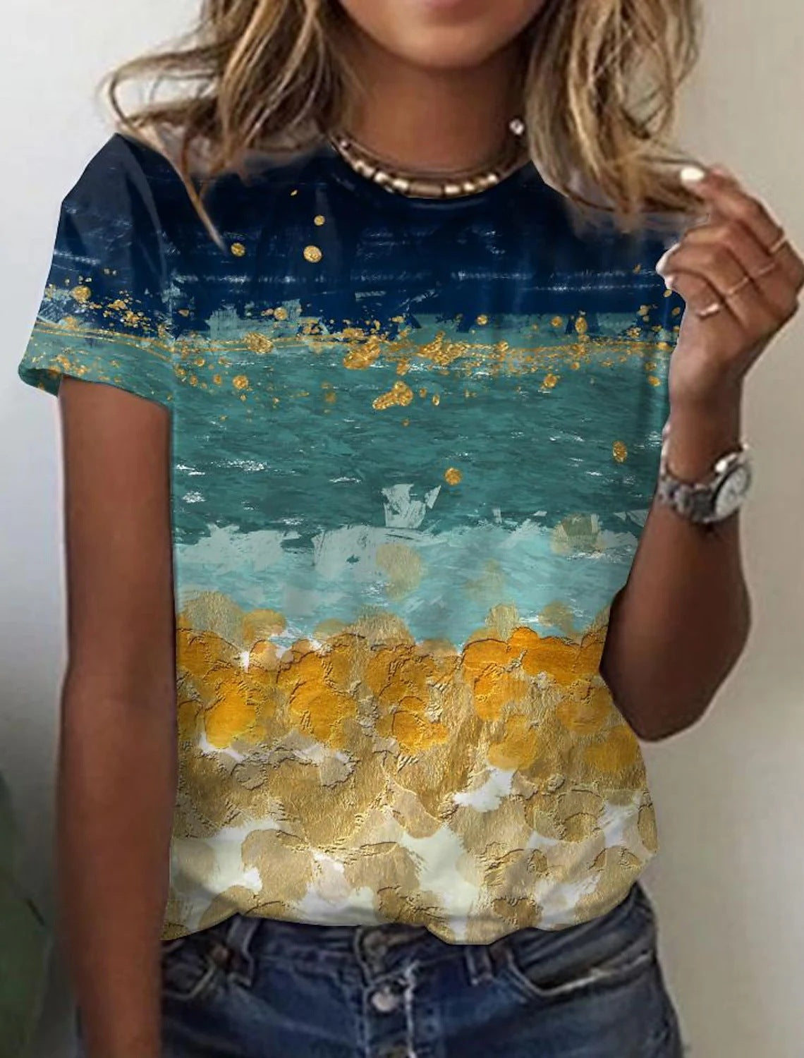 Manga corta con estampado retro abstracto para mujer de la nueva colección europea y americana