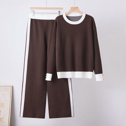 Round Neck Pocket Sweater  Loose Casual Wide-Leg Pants for Women
