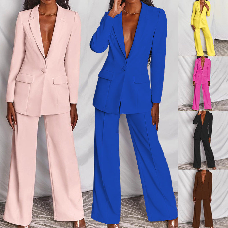 Ensemble 2 pièces décontracté : Blazer à revers boutonné et pantalon droit pour le bureau, les trajets quotidiens et les affaires