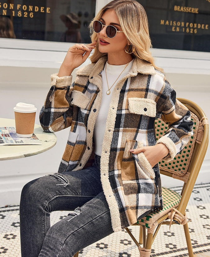 Veste décontractée en velours à col polo et à carreaux de couleur contrastée pour femme