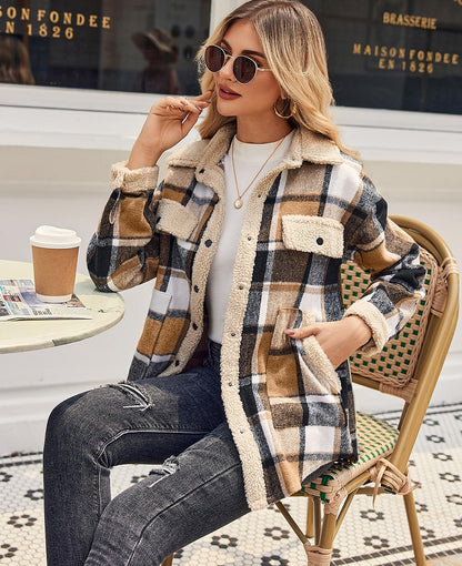 Veste décontractée en velours à col polo et à carreaux de couleur contrastée pour femme