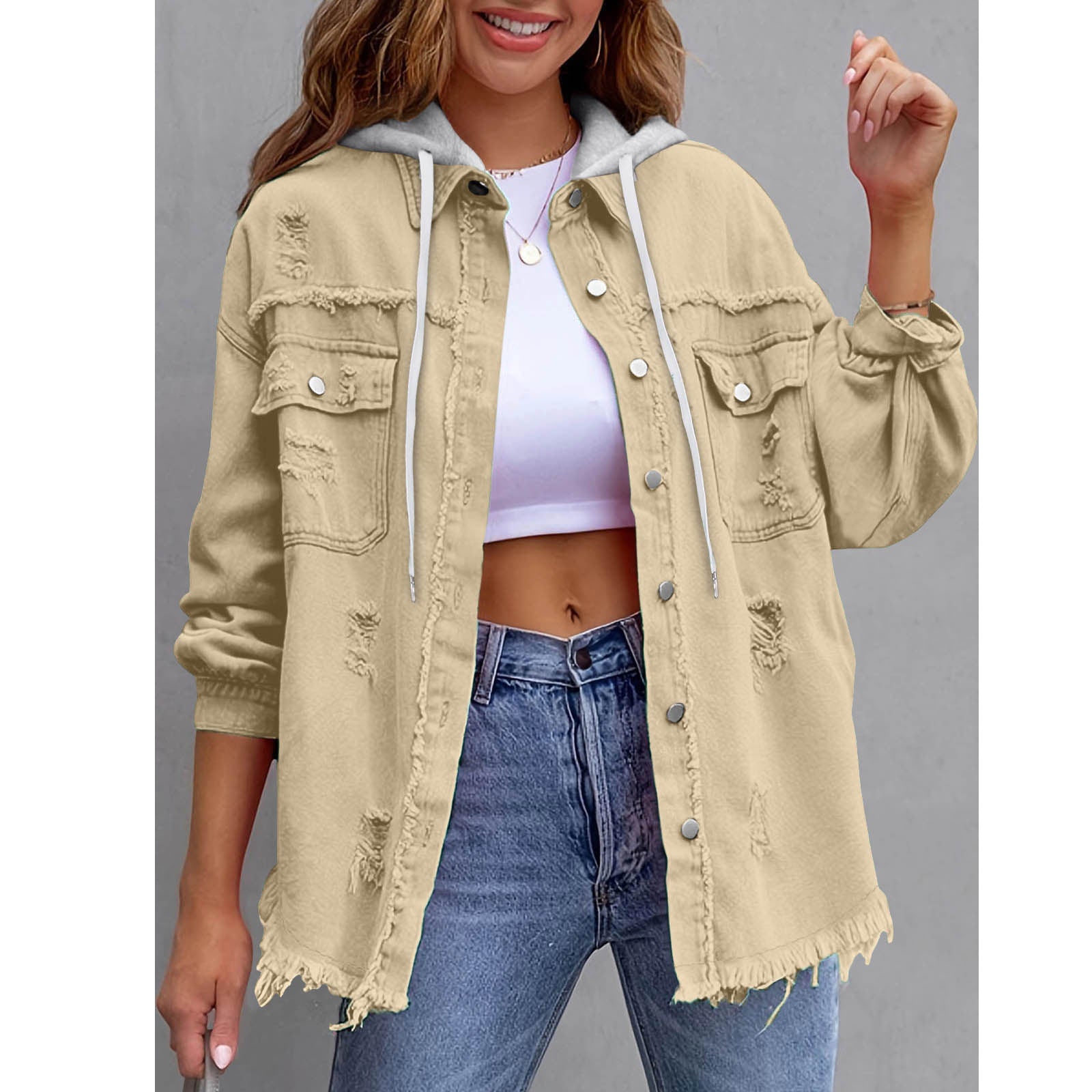 Chaqueta vaquera con capucha holgada de color liso para mujer