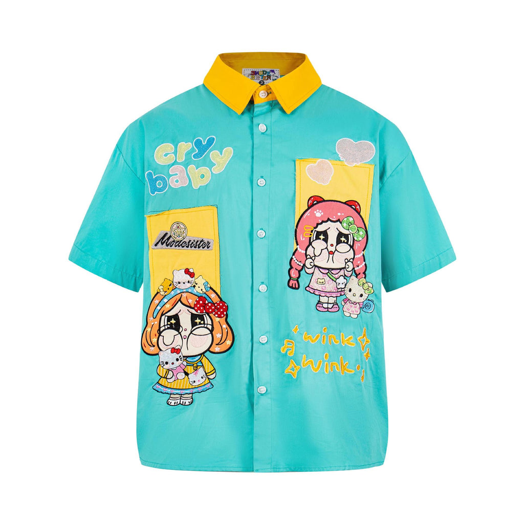 Cartoon sticker embroidered short sleeved shirt