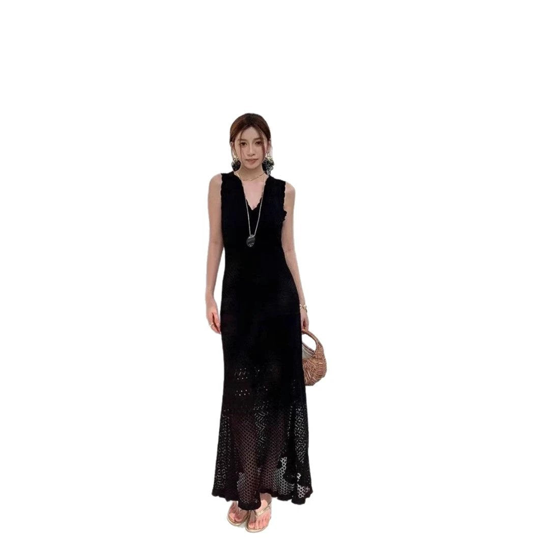 Chic Hollow Knit Dress, Sleeveless Long Dress by eprolo