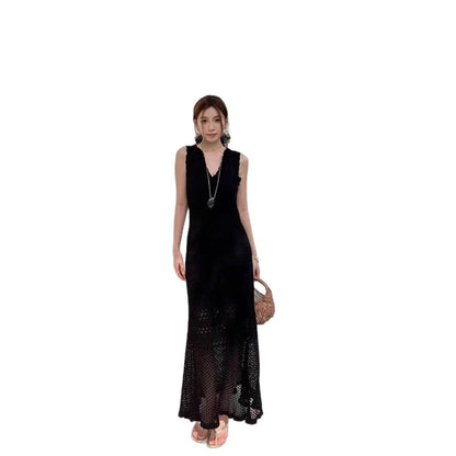Chic Hollow Knit Dress, Sleeveless Long Dress by eprolo