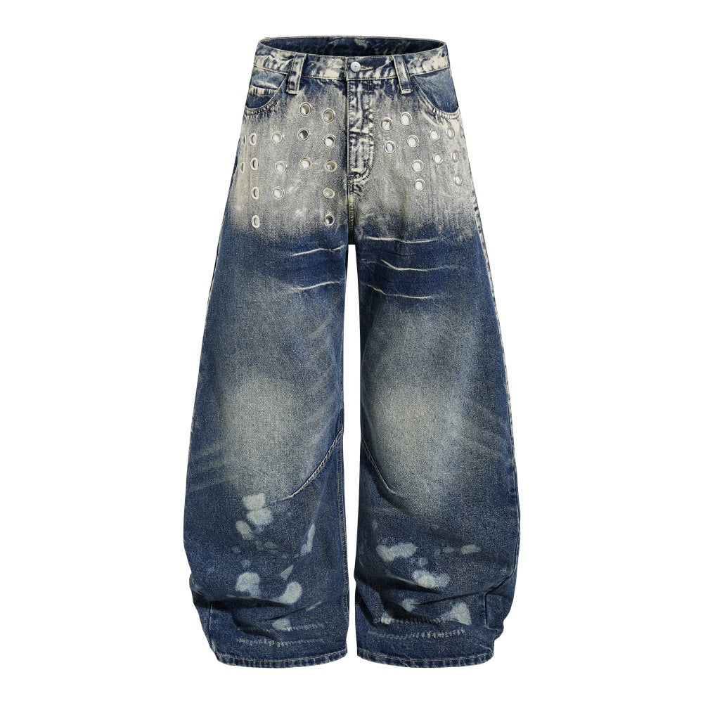 Color blocked white denim curved knife pants
