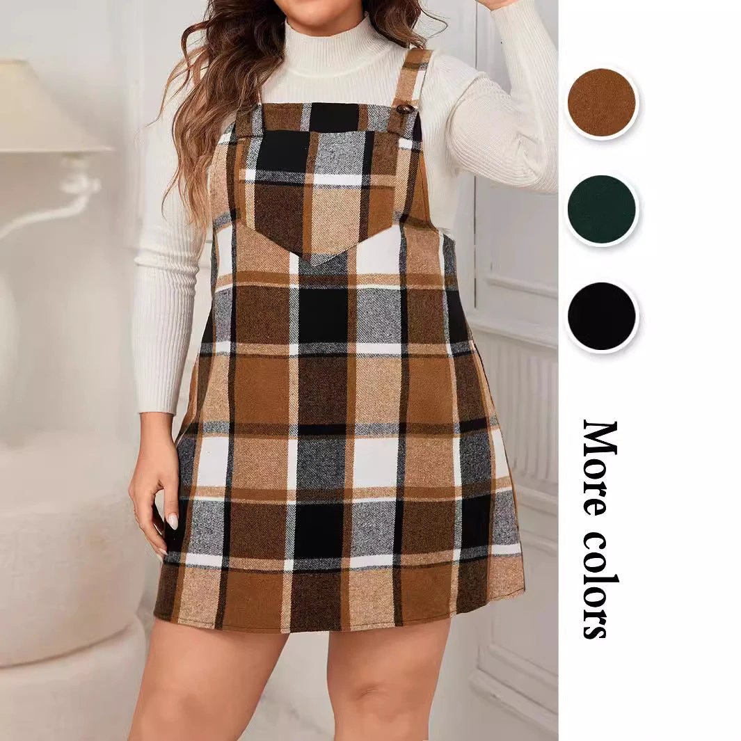 Oversized Fall Dresses For Women V Neck Plaid Sleeveless Wide Straps Casual Pockets Pinafore Mini Overall Bridesmaid Dresses by eprolo