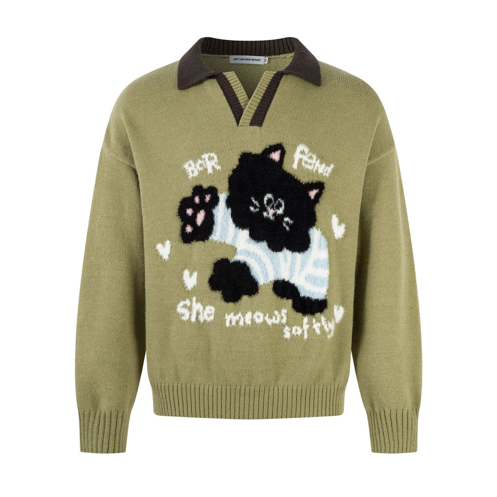 Seagull Collar Cat Jacquard Sweater for Men by eprolo