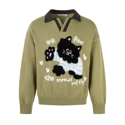 Seagull Collar Cat Jacquard Sweater for Men by eprolo