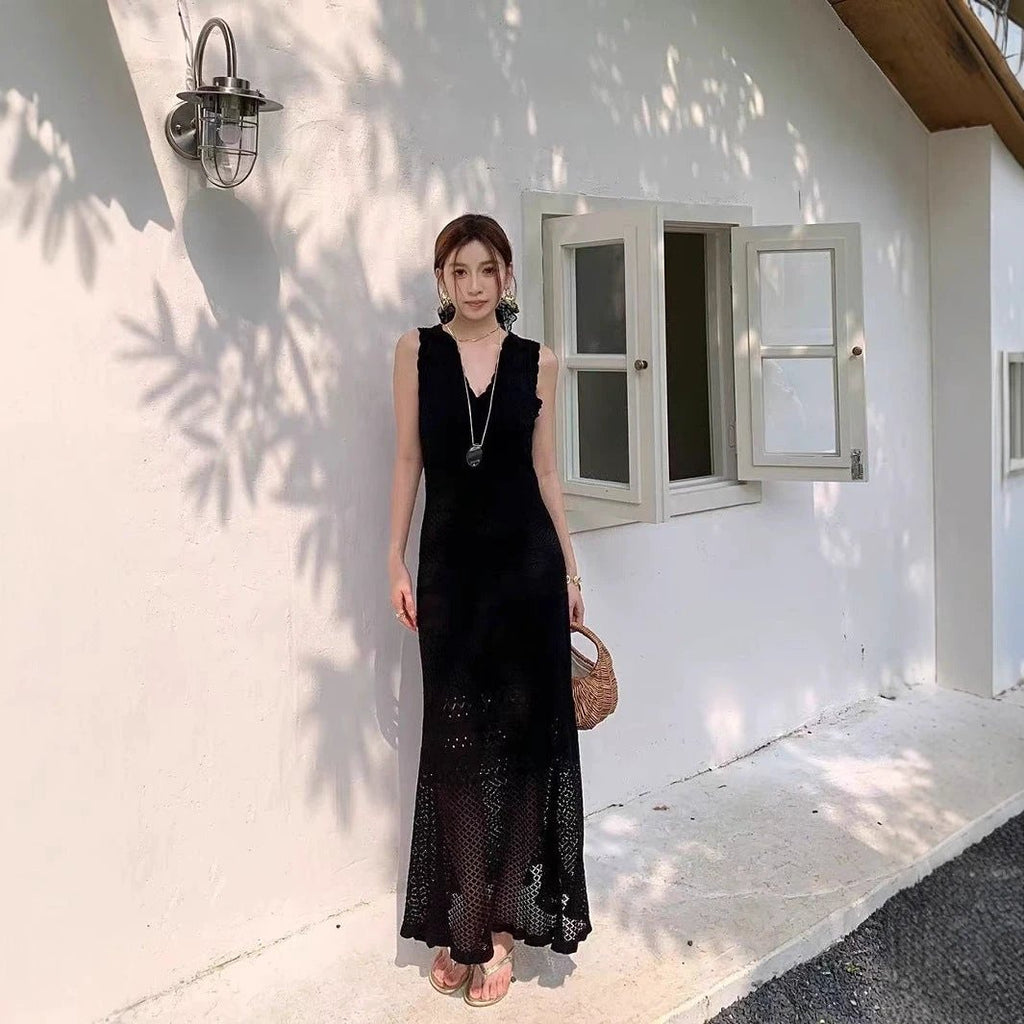 Chic Hollow Knit Dress, Sleeveless Long Dress by eprolo