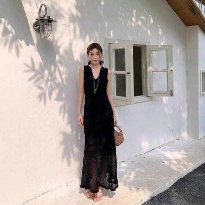 Chic Hollow Knit Dress, Sleeveless Long Dress by eprolo