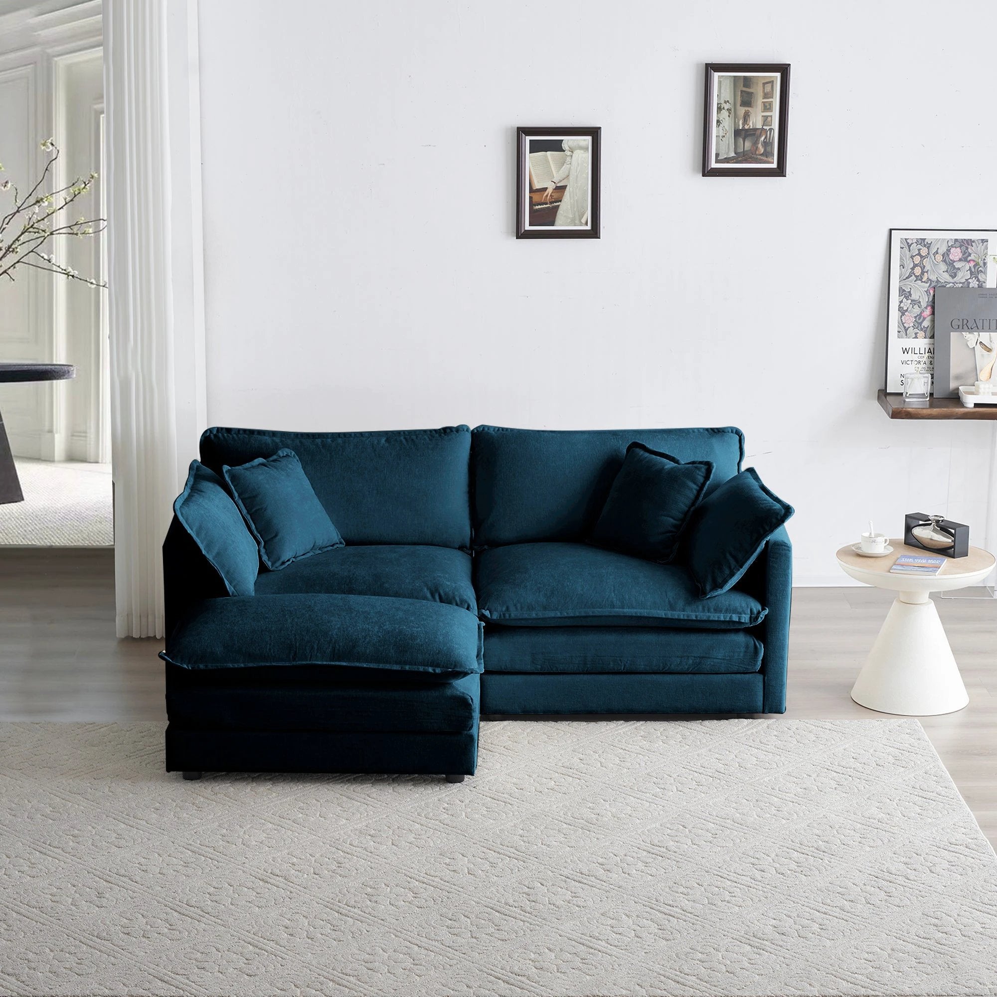 Chenille Double Sofa Ottoman Style Blue Chenille by eprolo