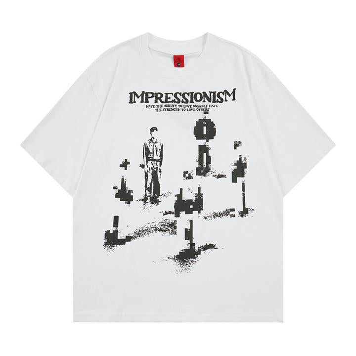 Vintage dark portrait printed short sleeved shirt