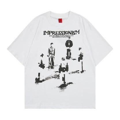 Vintage dark portrait printed short sleeved shirt