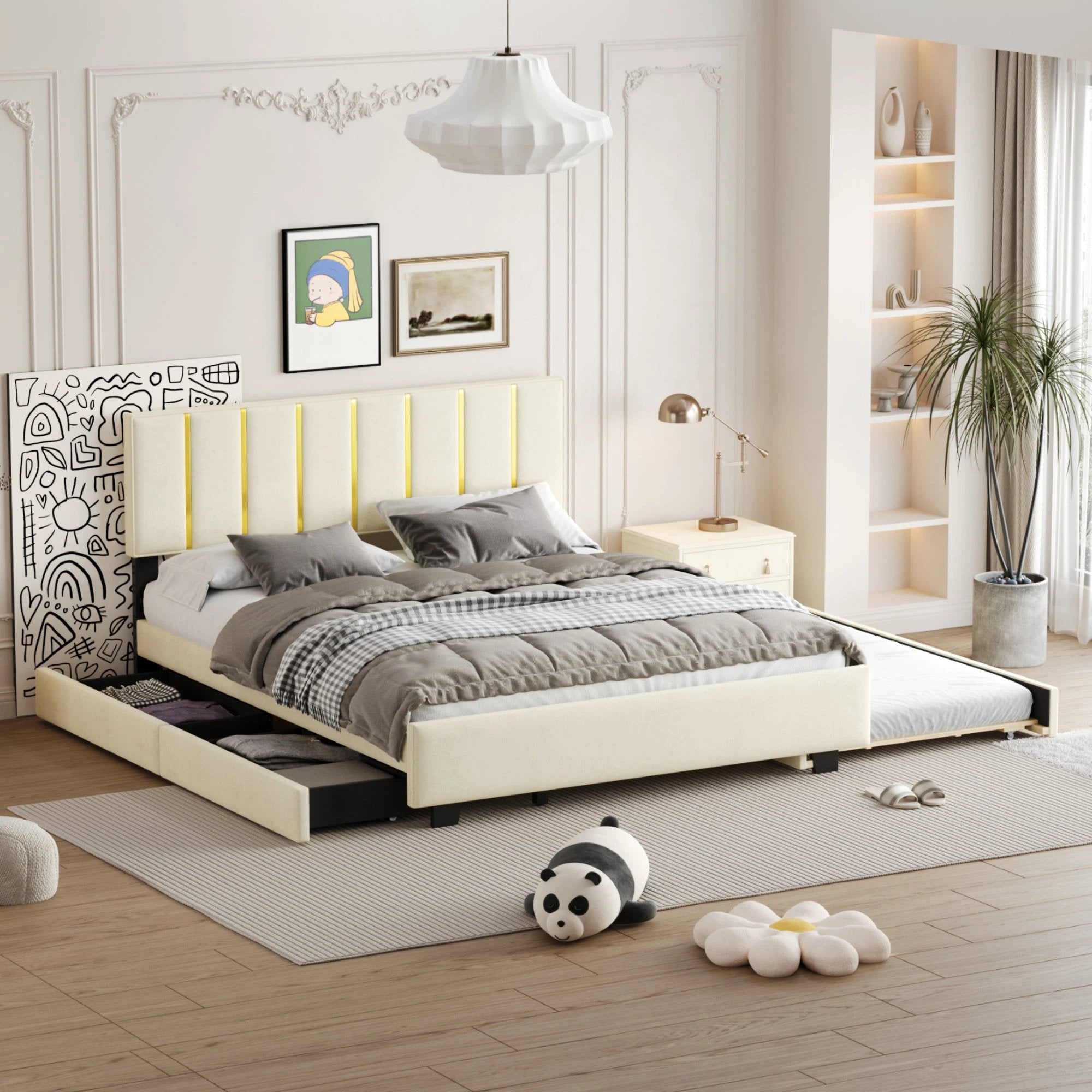 Queen Size Upholstered Platform Bed with 2 Drawers and 1 Trundle, Classic Metal Strip Headboard Design, Beige by eprolo