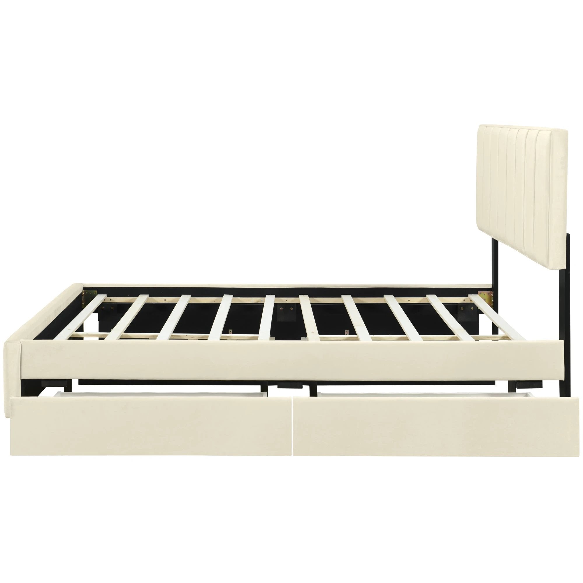 Queen Size Upholstered Platform Bed with 2 Drawers and 1 Trundle, Classic Metal Strip Headboard Design, Beige by eprolo