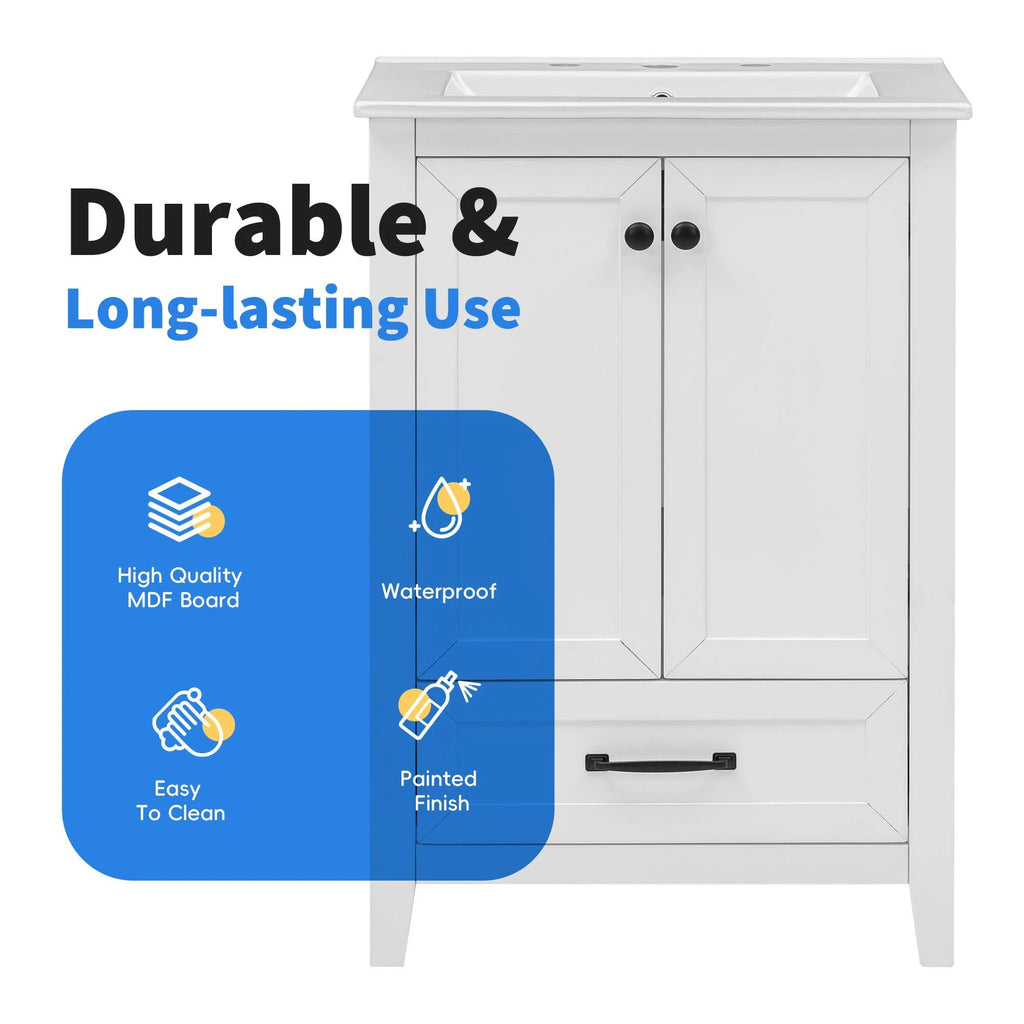 24" Bathroom Vanity with Sink, Bathroom Vanity Cabinet with One Drawer and Doors, Solid Wood and MDF, White by eprolo
