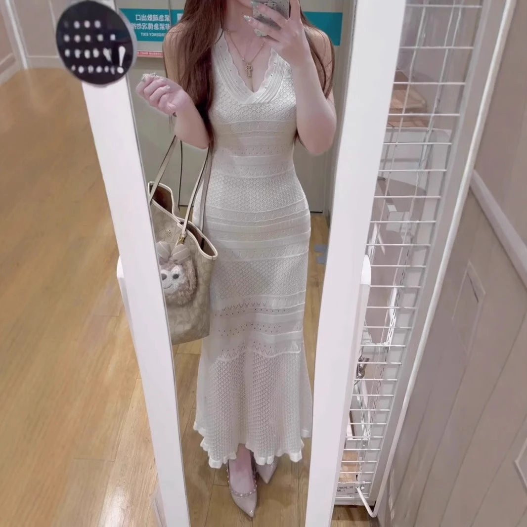 Chic Hollow Knit Dress, Sleeveless Long Dress by eprolo