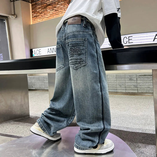 Boys casual loose-fit denim jeans by eprolo, blue washed relaxed fit with back pocket patch