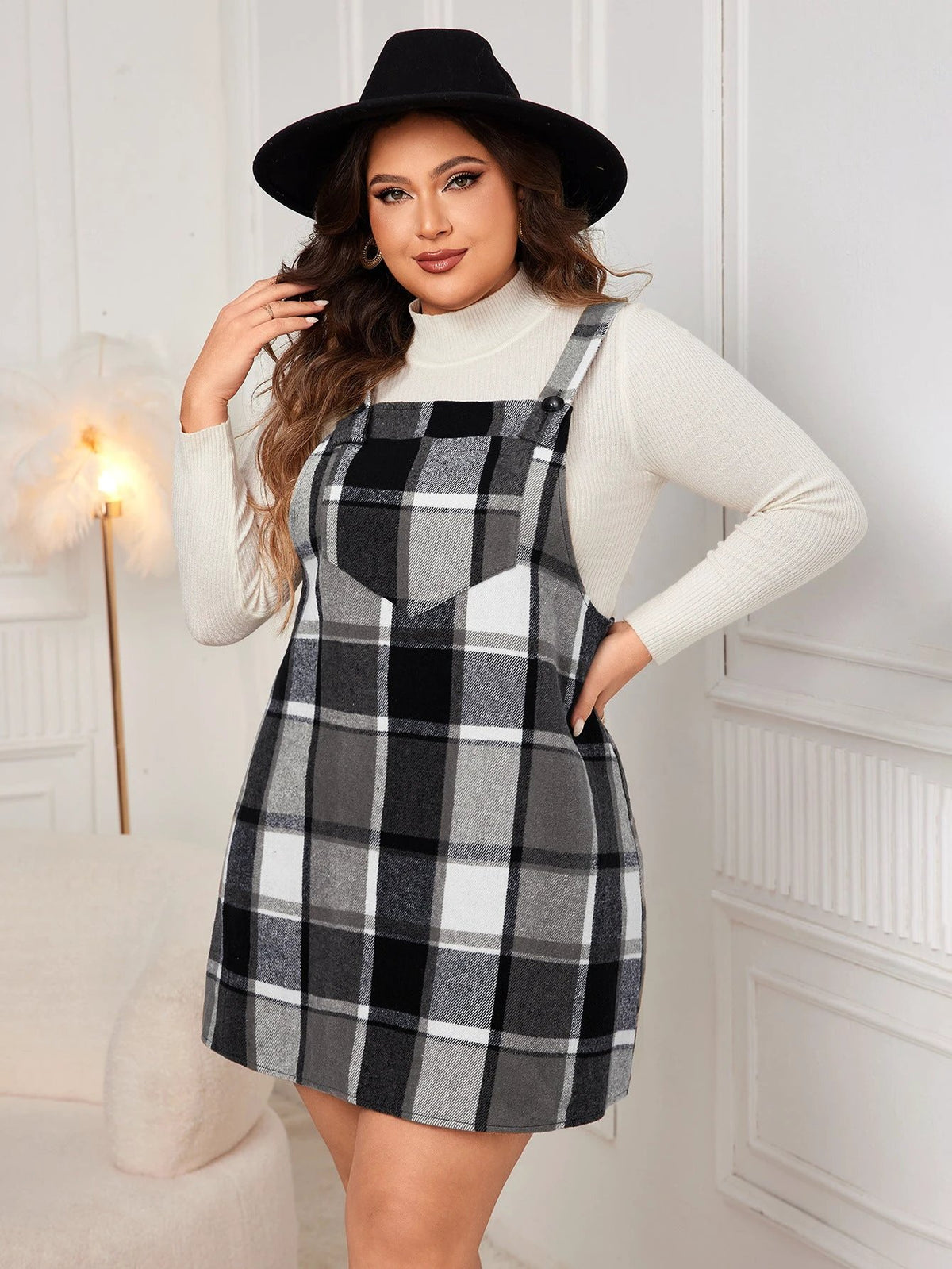 Oversized Fall Dresses For Women V Neck Plaid Sleeveless Wide Straps Casual Pockets Pinafore Mini Overall Bridesmaid Dresses by eprolo